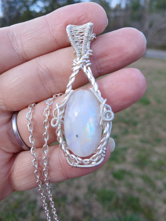 Rainbow From Heaven, Rainbow Moonstone Wire Wrapped Pendant