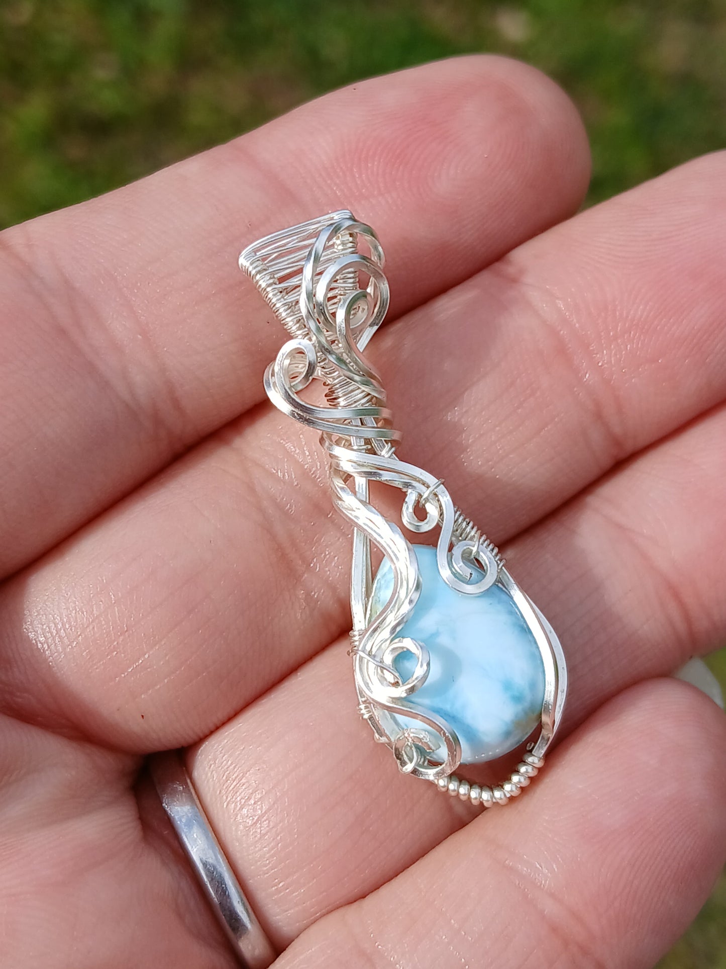 Beach Waves, Silver Wrapped Larimar Pendant