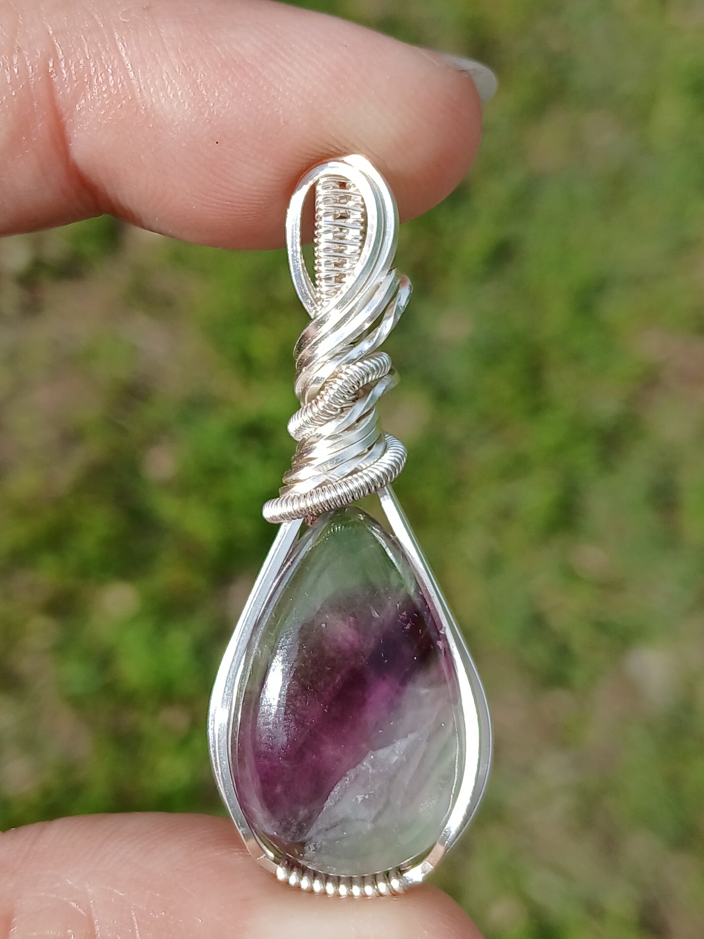 Striped, Silver Wrapped Fluorite Pendant