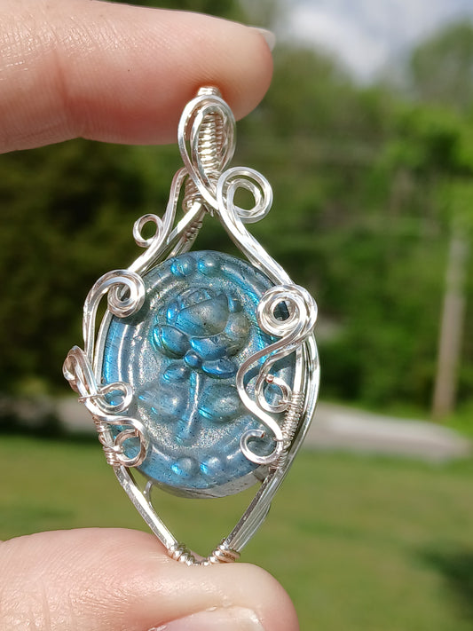 The Beastly Rose, Rose Carved Labradorite Silver Wrapped Pendant