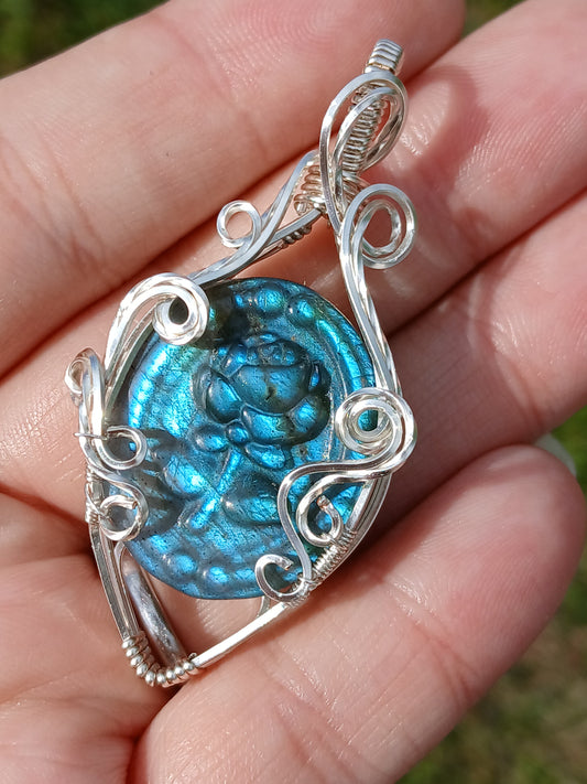 The Beastly Rose, Rose Carved Labradorite Silver Wrapped Pendant