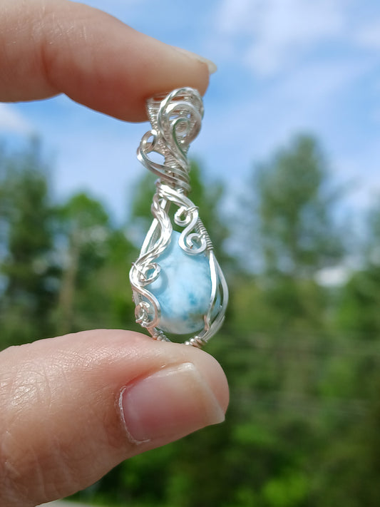 Beach Waves, Silver Wrapped Larimar Pendant