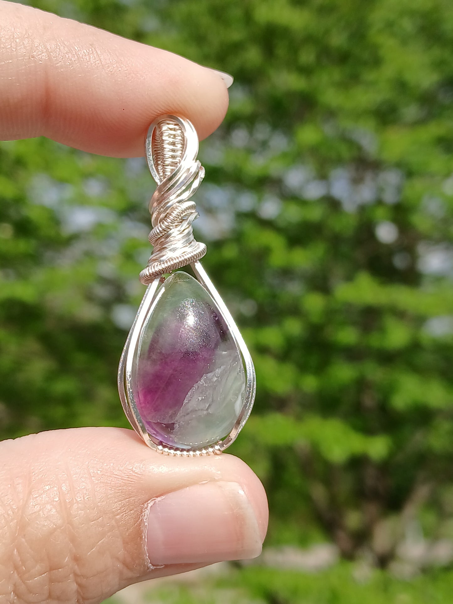 Striped, Silver Wrapped Fluorite Pendant