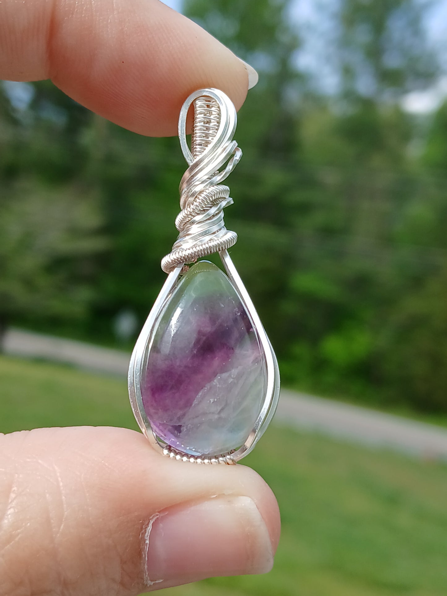 Striped, Silver Wrapped Fluorite Pendant