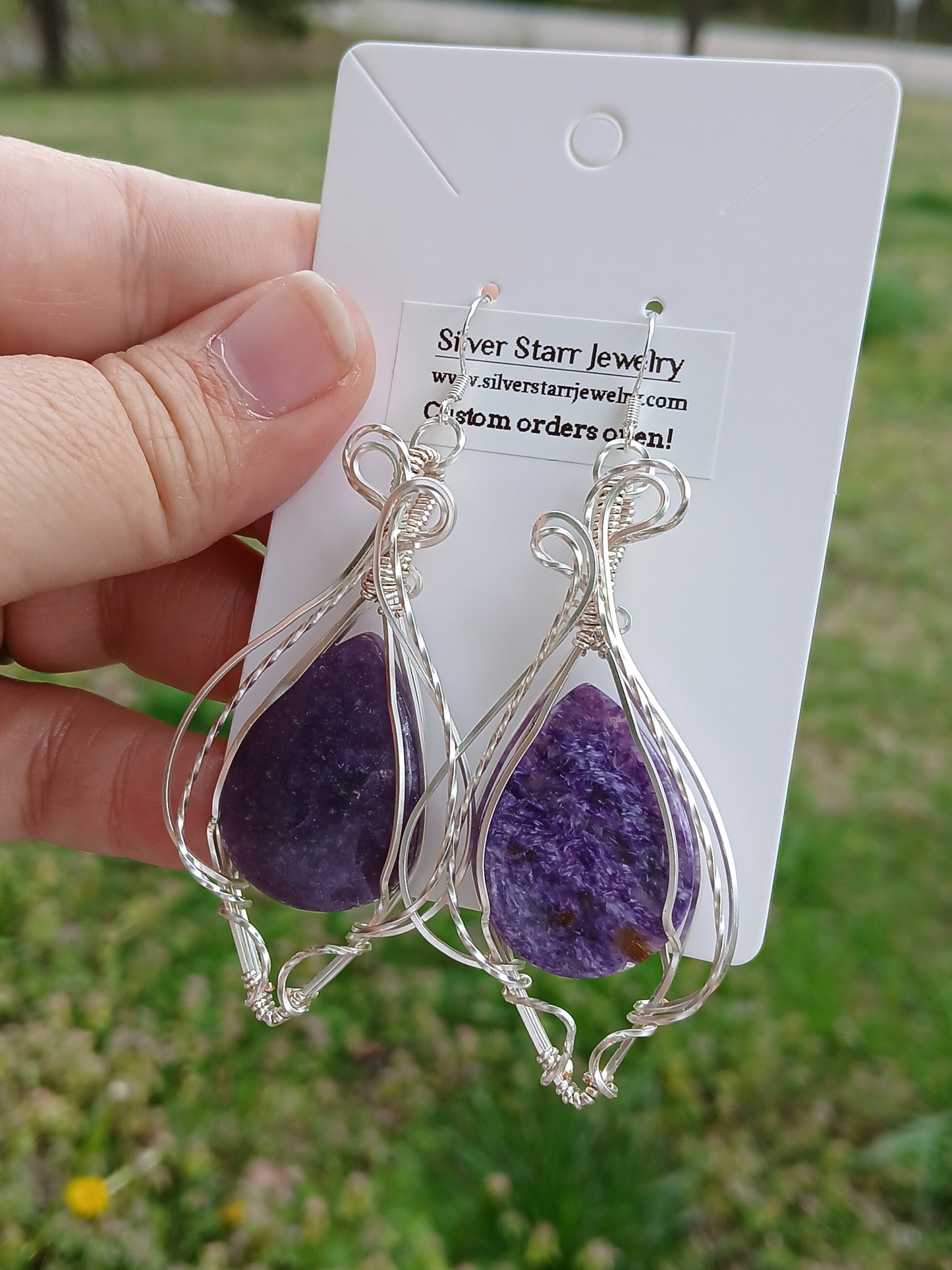 Charoite Silver Drop Earrings