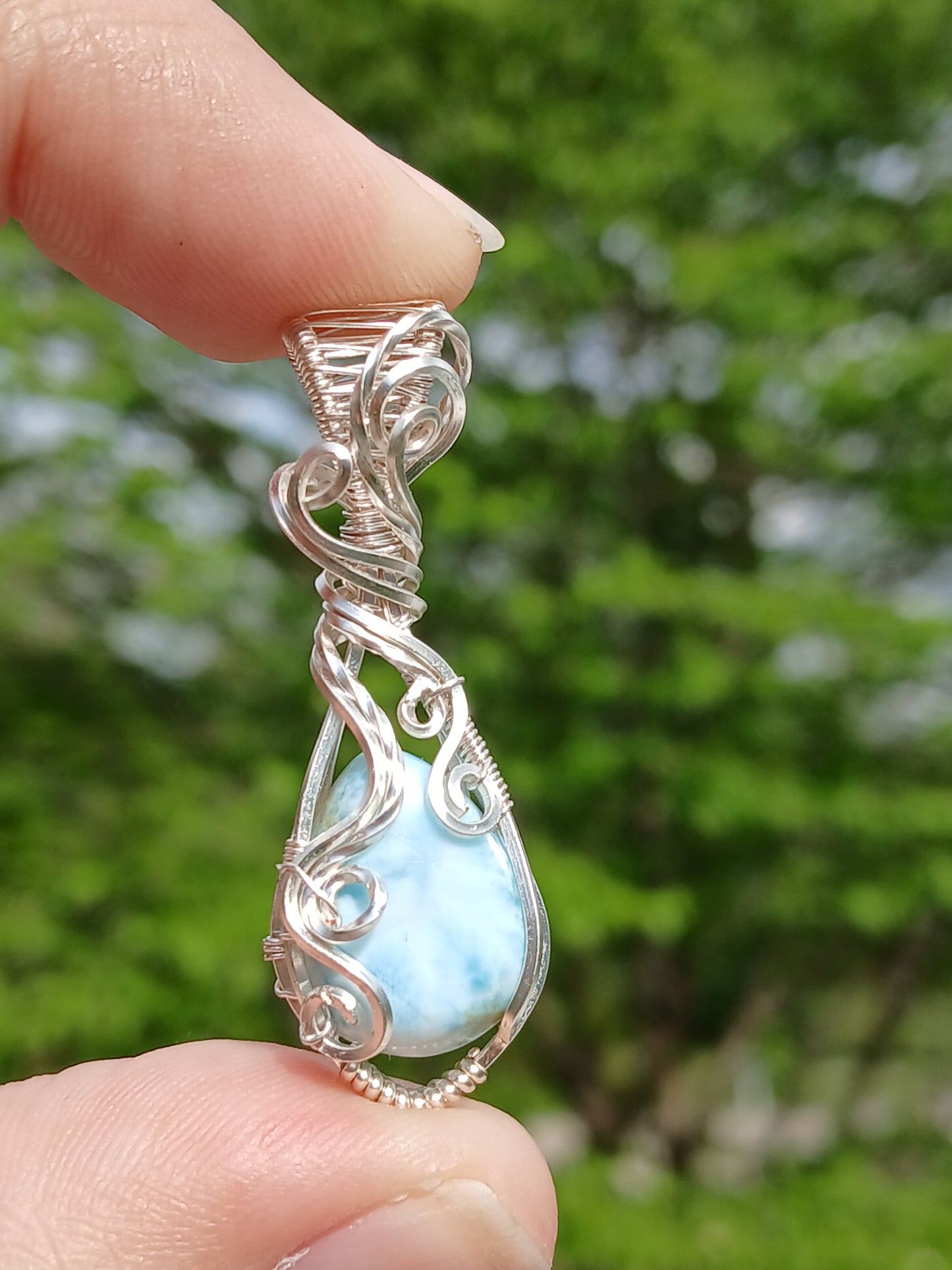 Beach Waves, Silver Wrapped Larimar Pendant