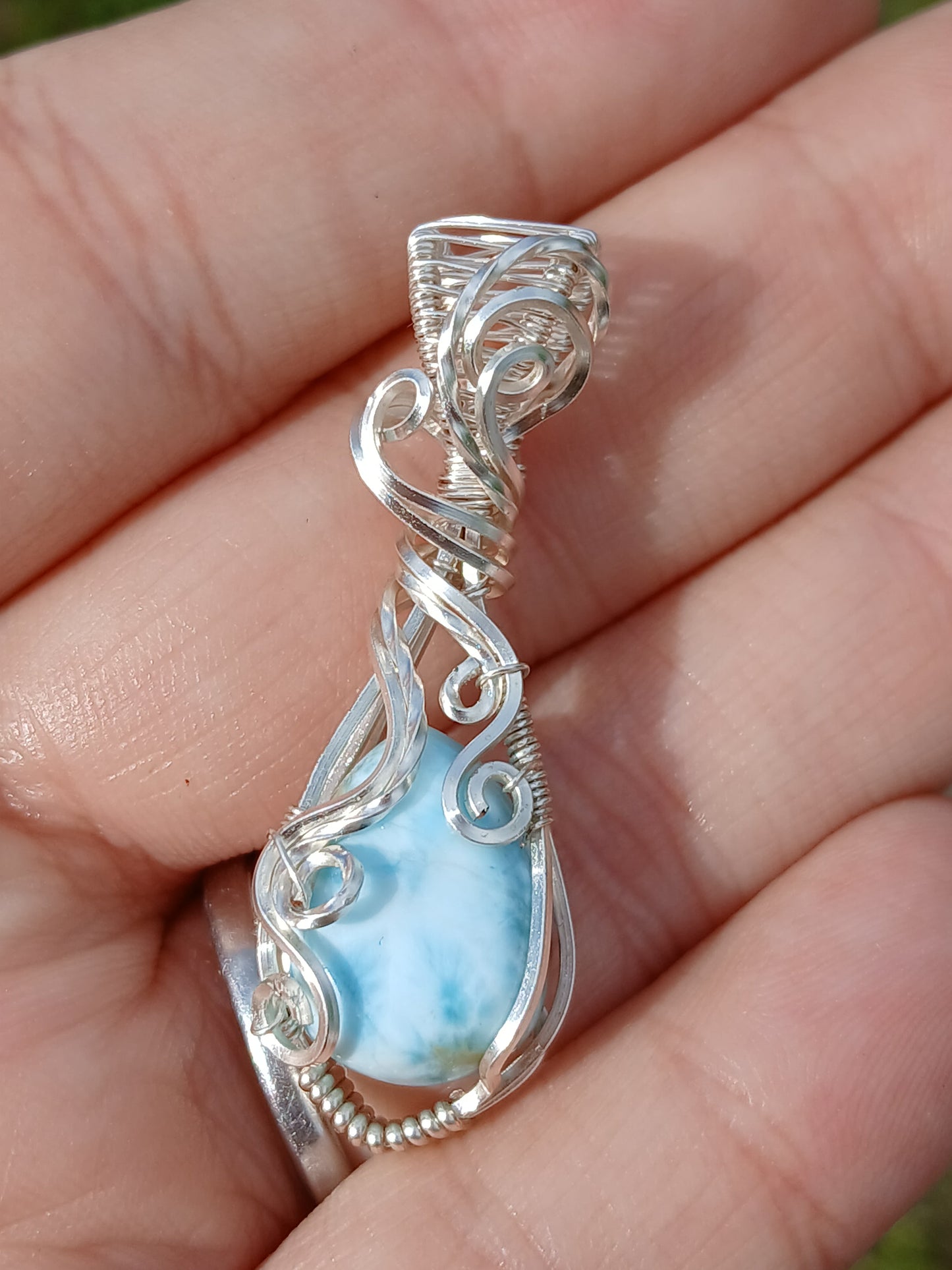 Beach Waves, Silver Wrapped Larimar Pendant
