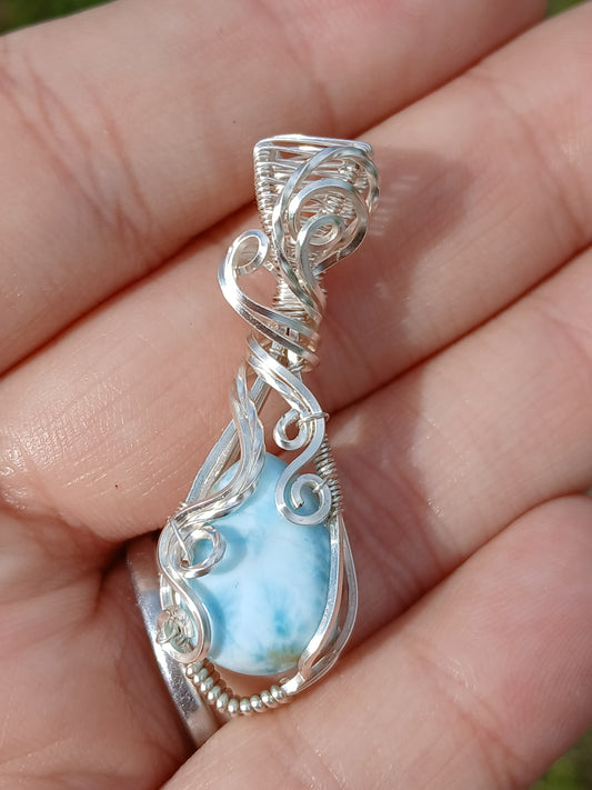 Beach Waves, Silver Wrapped Larimar Pendant