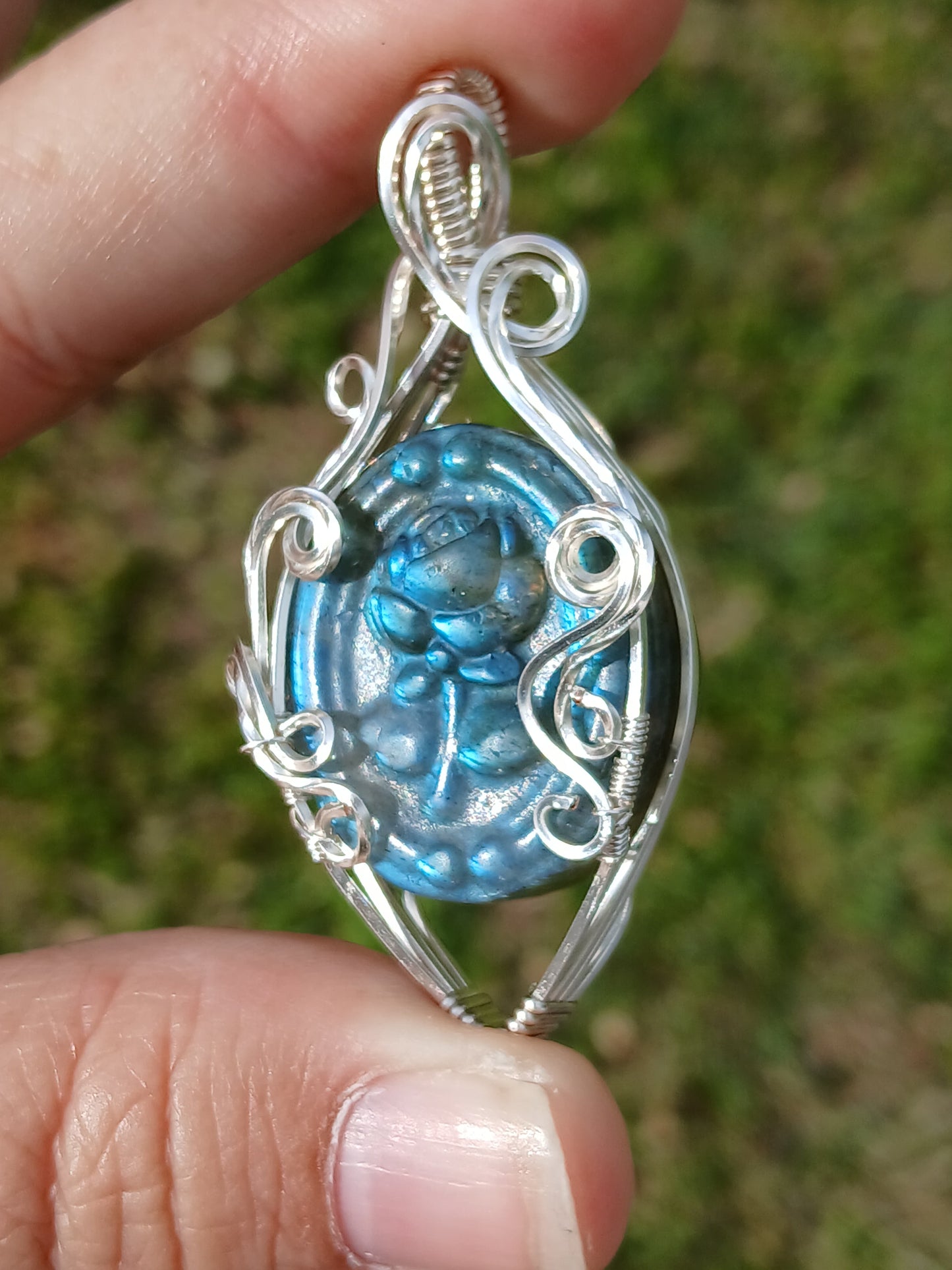 The Beastly Rose, Rose Carved Labradorite Silver Wrapped Pendant