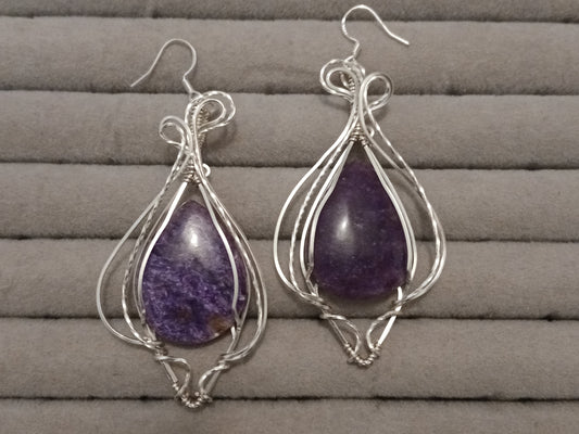 Charoite Silver Drop Earrings